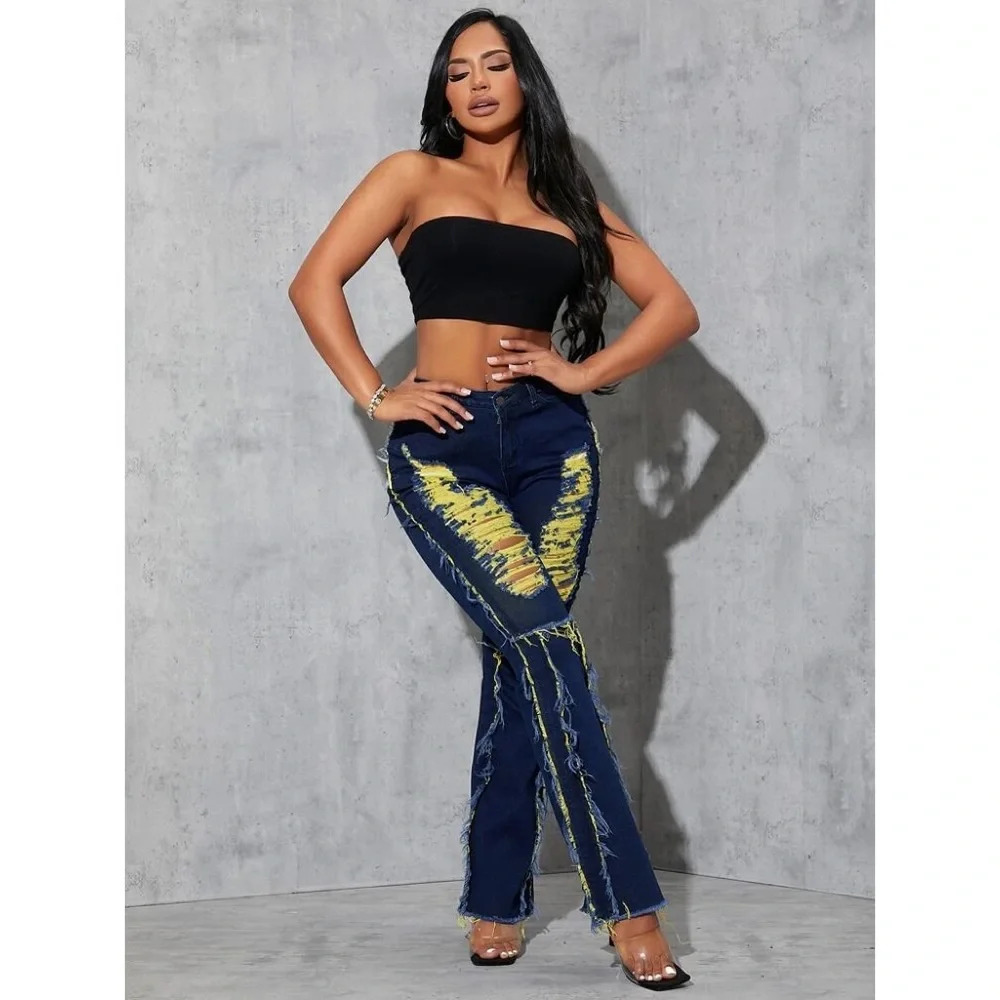 Blue Yellow Distressed Bootcut Jeans